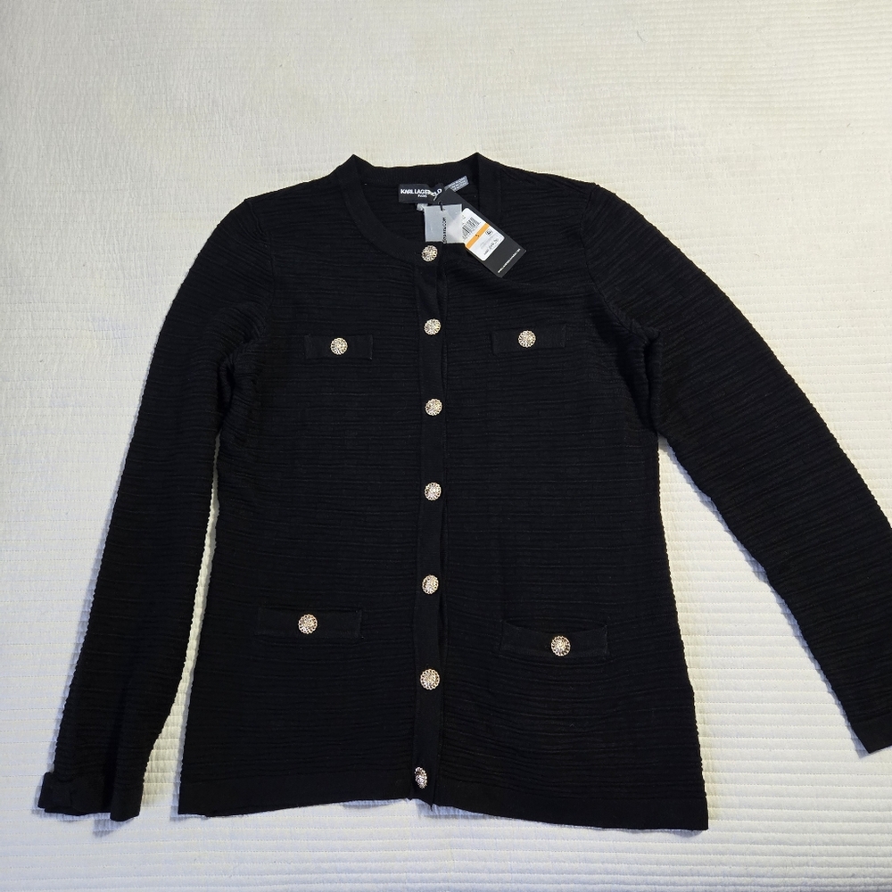 Women's Karl Lagerfeld Paris Black Cardigan with Gold Buttons, Size S NWT - Picture 13 of 13